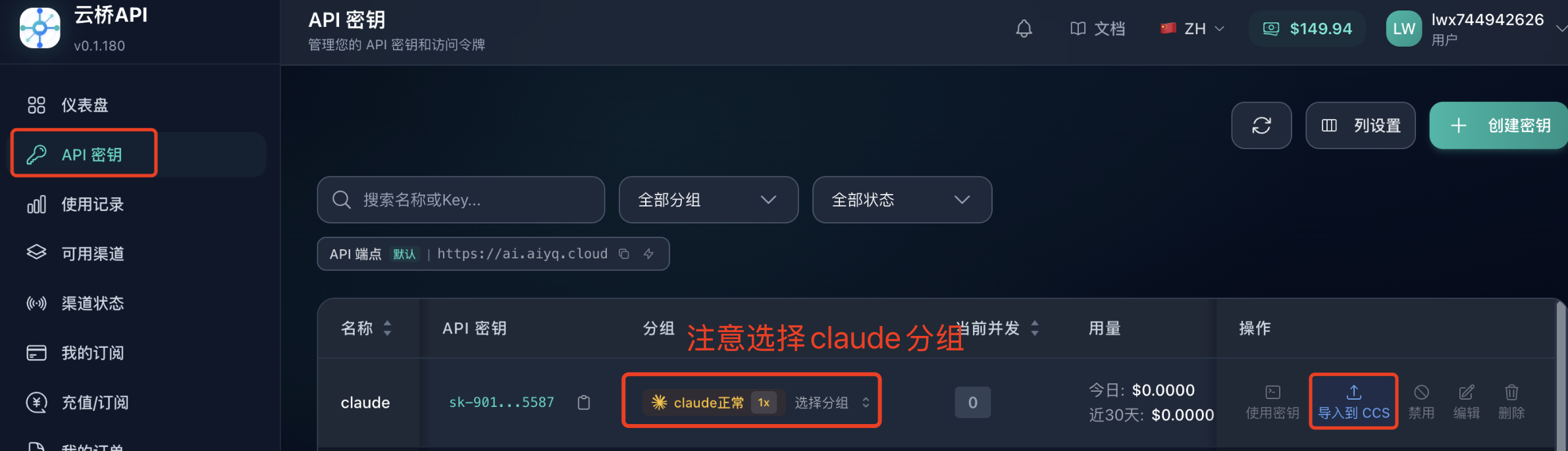 在云驿 API 密钥页选择 claude 分组并导入到 CCS